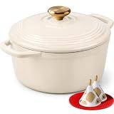 Overmont Enameled Cast Iron Dutch Oven - 5.5QT Pot with Lid Cookbook & Cotton Potholders - Heavy-Duty Cookware for Braising, Stews, Roasting, Sourdough Baking White