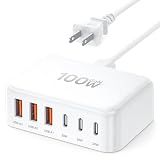 [2026 Updated] USB C Fast Charger, 100W GaN 6 Port Type C Charging Station Hub Block Cube, USB C Wall Charger Power Strip Adapter Plug for iPad iPhone 17 16 15 14 Pro Max Pixel Note Galaxy, 5ft Cord