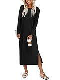 ANRABESS Long Sleeve Midi Dresses for Women Fall Fashion Casual Vacation Crewneck Loose Split Striped Long Tshirts Dress Black L