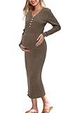 OUGES Women's 2025 Winter Wool Blend Maternity Sweater Midi Dress for Photoshoot Baby Shower Trendy Slim Fit Outfits Fall Bodycon V Neck Long Sleeve Ribbed Knit Pregnancy Must Have Clothes(Coffee,M)