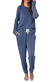 Cysincos Womens Sweatsuits 2 Piece Outfit Sweatpants Loungewear Jogger Pajama Set Long Sleeve Pullover Drawstring Pants Blue L