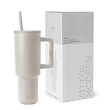 Simple Modern 40 oz Trek Tumbler with Handle and Straw Lid | Cup Holder Friendly Insulated Stainless Steel Travel Mug | Almond Birch