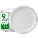 RACETOP Disposable Compostable Paper Plates 9 Inch [125 Pack], White Bagasse, Heavy-Duty Biodegradable Paper Plates, Eco-Friendly, Made of Natural Sugarcane Fibers
