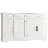 HOSTACK 60" Large Buffet Sideboard with Storage, 36" Tall Kitchen Buffet Storage Cabinet with 4 Drawers, Modern Coffee Bar Cabinet with Gold Handles, Long Sideboard Buffet Table for Kichen, White