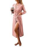 Ekouaer Women Kimono Robes Full Length Knit Bathrobe Lightweight Soft Sleepwear V-neck Casual Ladies Loungewear