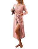 Ekouaer Women Kimono Robes Full Length Knit Bathrobe Lightweight Soft Sleepwear V-neck Casual Ladies Loungewear Misty Rose Medium