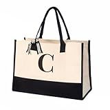 Salt Earth Personalized Initial Tote Bag for Women, 100% Cotton Canvas Tote Bag, Large Beach Grocery Utility Tote, Custom Monogram Reusable Shopping Bag for Work Travel Everyday Use