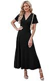 VintageClothing Womens Summer Maxi Dress Wrap V Neck Long Dresses with Pockets Short Sleeve Flowy Spring Dress, XL Black