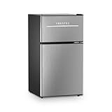 Frestec Mini Fridge with Freezer 3.2 Cu.Ft. 2 Door Refrigerator and Freezer Small Fridge for Bedroom Home Office Dorm, Small Drink Chiller, Adjustable Thermostat,37 dB Low Noise, Stainless Steel