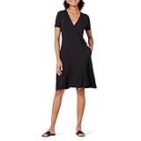 Amazon Essentials Women's Short Sleeve Faux-Wrap Dress, Black, X-Large