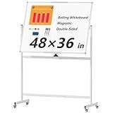 Large Rolling Whiteboard on Wheels, 48" x 36" Double-Sided Mobile White Board with Stand, 4' x 3' Portable Standing Magnetic Dry Erase Board Easel for Home Office Classroom School, Silver