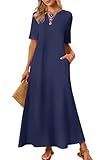 MEROKEETY Women's 2025 Summer Maxi Dress Casual Short Sleeve Beach Vacation Crewneck Basic Long T Shirt Dresses, Navy, Large