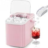 NEWBULIG Ice Makers Countertop with Handle, Portable Ice Machine, 9 Bullet Ice Cubes in 6 Mins, 26lbs in 24Hrs, Auto-Cleaning, with Basket and Scoop, for Home, Kitchen, RV, Camping,Light Pink
