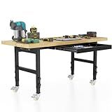 60'' Adjustable Workbench, Solid Wood Work Bench Table with Wheels and Power Outlet, Rolling Workbenchs with Drawers, Large Load Capacity Garage Workbench for Workshop,Office,Home