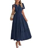 BTFBM Womens Summer 2025 Casual Midi Maxi Dresses Lightweight Short Sleeve V Neck Elastic Waist Boho Beach Dress Pockets(Navy, Large)