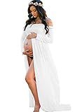 YnimioAOX Women's Off Shoulder Long Sleeve Maternity Dress for Photography Chiffon Maternity Gown for Photoshoot,White