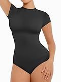 FeelinGirl Women's Crew Neck Bodysuits Fashion Short Sleeve Tops Basic Body Suit T Shirts Black Medium-Large