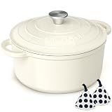 Enameled Cast Iron Dutch Oven - Umite Chef 5QT Pot with Lid & Cotton Potholders - Heavy-Duty Cookware for Bread Baking, Braising, Stews, Roasting(Cream White)