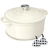 Enameled Cast Iron Dutch Oven - Umite Chef 5QT Pot with Lid & Cotton Potholders - Heavy-Duty Cookware for Bread Baking, Braising, Stews, Roasting(Cream White)