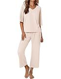 Ekouaer Womens Pajama Sets Lounge Sets for Women Two Piece Outfits Short Sleeve Tops and Wide Leg Pants with Large Pockets Beige