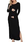 Smallshow Women's Split Maternity Dress Long Sleeve Ruched Pregnancy Clothes Medium Black