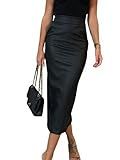 utcoco Womens Long Faux Leather Skirt Bodycon High Waist Slim Pencil Midi Skirt (Medium, Black)