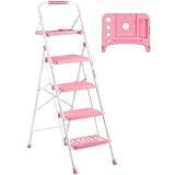 BONTEC 4-Step Ladder, 400lbs Max Load, Folding Step Stool with Tool Tray, Anti-Slip Pedals, Sturdy Steel, Lightweight Portable Ladder with Handrail for Home & Work Use, Pink