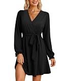 OFEEFAN Black Wrap Long Sleeeve Wedding Guest Dresses Casual Fall Dress M
