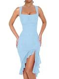 BORIFLORS Women's Sexy Ruched Bodycon Midi Cocktail Dresses,XL,Baby Blue