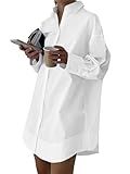 LYANER Women's Casual Shirt Dress Collar V Neck Button Down Loose Long Sleeve Mini Dresses White Medium