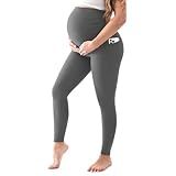 Walifrey Women's Maternity Leggings with Pockets Over The Belly,Pregnancy Yoga Pants Activewear Workout Leggings Grey L