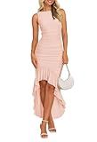 ZESICA Women's 2025 Summer Ruched Bodycon Dress Sleeveless Backless Ruffle Mermaid Cocktail Wedding Party Dresses,Pink,Small