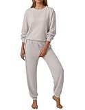 Ekouaer Waffle Knit Lounge Sets for Women Long Sleeve Pajamas Set with Pockets 2 Pieces Outfits Top and Pants Light Grey