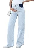 BLENCOT Pregnancy Pants for Women Loose Fit Wide Leg Jeans High Rise Elastic Waist Stretchy Denim Outfits Summer Fall Casual Office Beau Blue Large