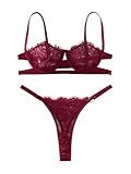 Lilosy Sexy Eyelash Underwire Floral Lace Sheer O Ring Linked Cutout Lingerie Set Women Push Up See Through Panty Bra 2 Piece Burgundy Red Medium