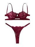 Lilosy Sexy Eyelash Underwire Floral Lace Sheer O Ring Linked Cutout Lingerie Set 2 Piece Women Push Up See Through Matching Bra Panty Underwear Burgundy Red Medium