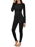 LILLUSORY Womens Long Johns Thermal Underwear Fleece Lined Leggings Warm Pajama Pants Set Shirts Winter Clothes 2025 Black S