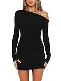 Mokoru Women's Sexy Elegant Off Shoulder Long Sleeve Ruched Bodycon Cocktail Party Mini Dresses, Medium, Black