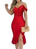 CHICME Womens Sexy Bodycon Party Dress Off The Shoulder Pearls Strap Midi Dress Ruffle Hem Cocktail Dresses Red-M
