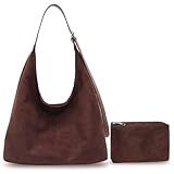 2PCS Brown Suede Bags for Women - New Slouchy Adjustable Strap Hobo Tote Shoulder Handbag, Fall Winter Travel Suede Purse with Pouch (Coffee)