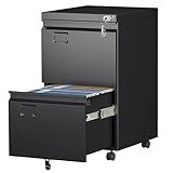Aobabo 2 Drawer File Cabinet with Wheels, Lockable Metal Filing Cabinet with Business Card Slot for Legal/Letter Size Home Office, Required Assembled,Black