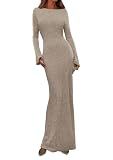 PRETTYGARDEN Women's Fall Long Sleeve Bodycon Maxi Dresses (Apricot,S)