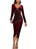 CYiNu Women's V Neck Wrap Velvet Long Sleeve Elegant Bodycon Ruched Cocktail Party Maxi Dress(Wine Red,M)