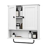RRX Bathroom Cabinet Wall Mounted Medicine Cabinets with Towels Bar, Over The Toilet Storage Cabinet with 2 Doors and Adjustable Shelf, White Wall Cabinet for Bathroom Laundry Kitchen
