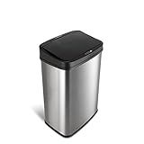 Ninestars 13 Gallon Automatic Trash Can, 50L Touchless Motion Sensor Garbage Can with Odor-Sealing Lid, Rectangular Stainless Steel, Black Trim