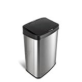 Ninestars Automatic Touchless Infrared Motion Sensor Trash Can, 13 Gal 50L, Stainless Steel Base (Rectangular, Black Lid), Black Trim