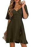 Dokotoo Women's Wrap V Neck Short Sleeve Smocked Elastic Waist Tiered Belted Ruffle Hem Mini Dress Cocktail Dresses for Women Wedding Guest Dress Moss Green L