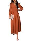 BLENCOT Women V Neck Tiered Long Sleeve Maxi Dress Ruffle Swing A Line Dress Flowy Cocktail Party Midi Dresses Solid Color Dark Orange Large