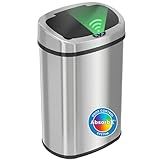 iTouchless 13 Gallon Oval Sensor Trash Can with Odor Filter, 50 Liter Automatic Kitchen Garbage Bin, Fingerprint-Proof Stainless Steel, Smart Hands-Free Motion Lid, Quiet Soft-Close, Brushed Silver