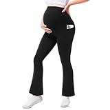 Walifrey Maternity Flared Leggings with Pocket Over The Belly Buttery Soft Pregnancy Yoga Pants Black M